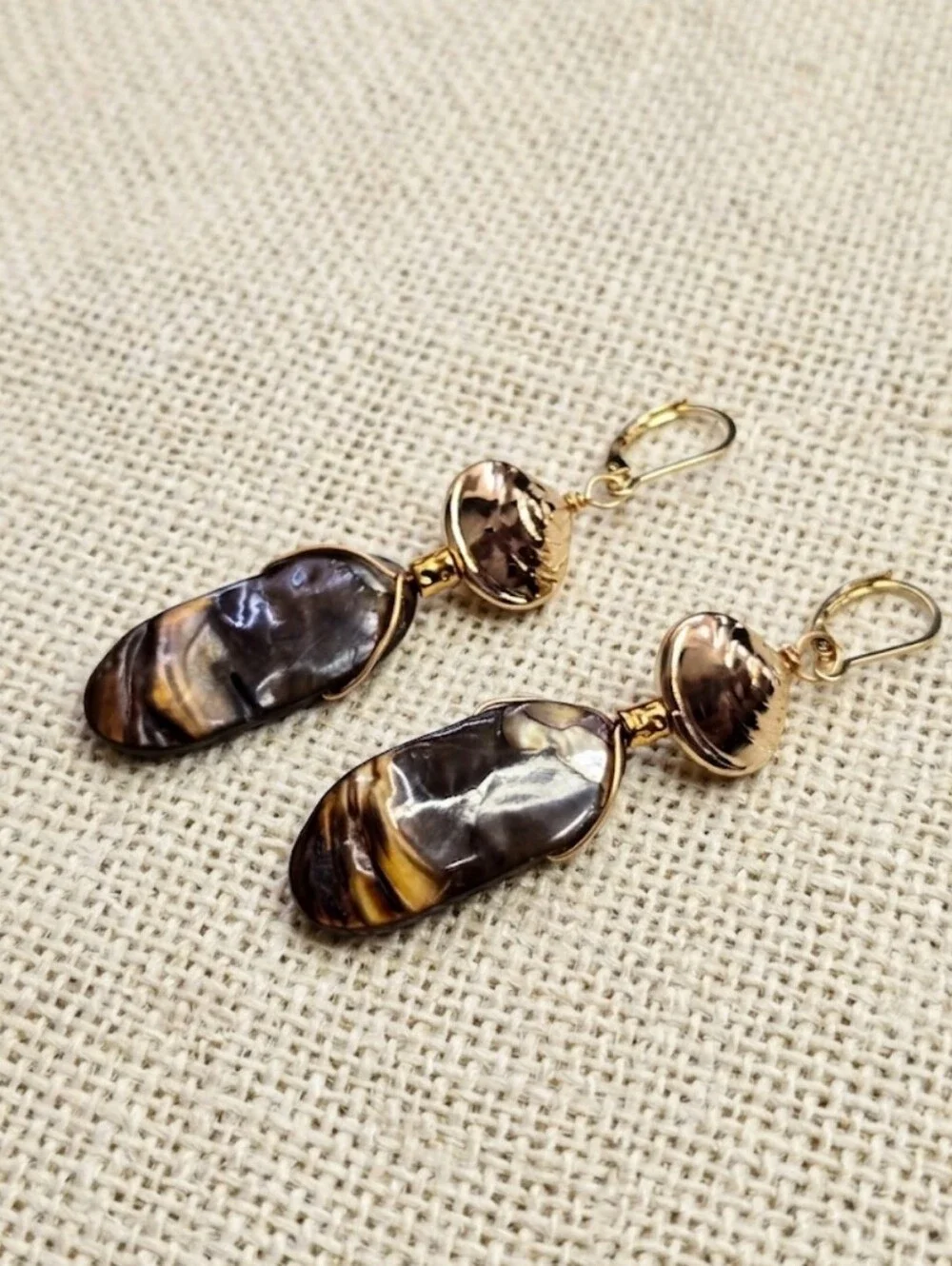 Rustic Brown Mother Of Pearl MOP In Long Drop Down Artisan Made Earrings